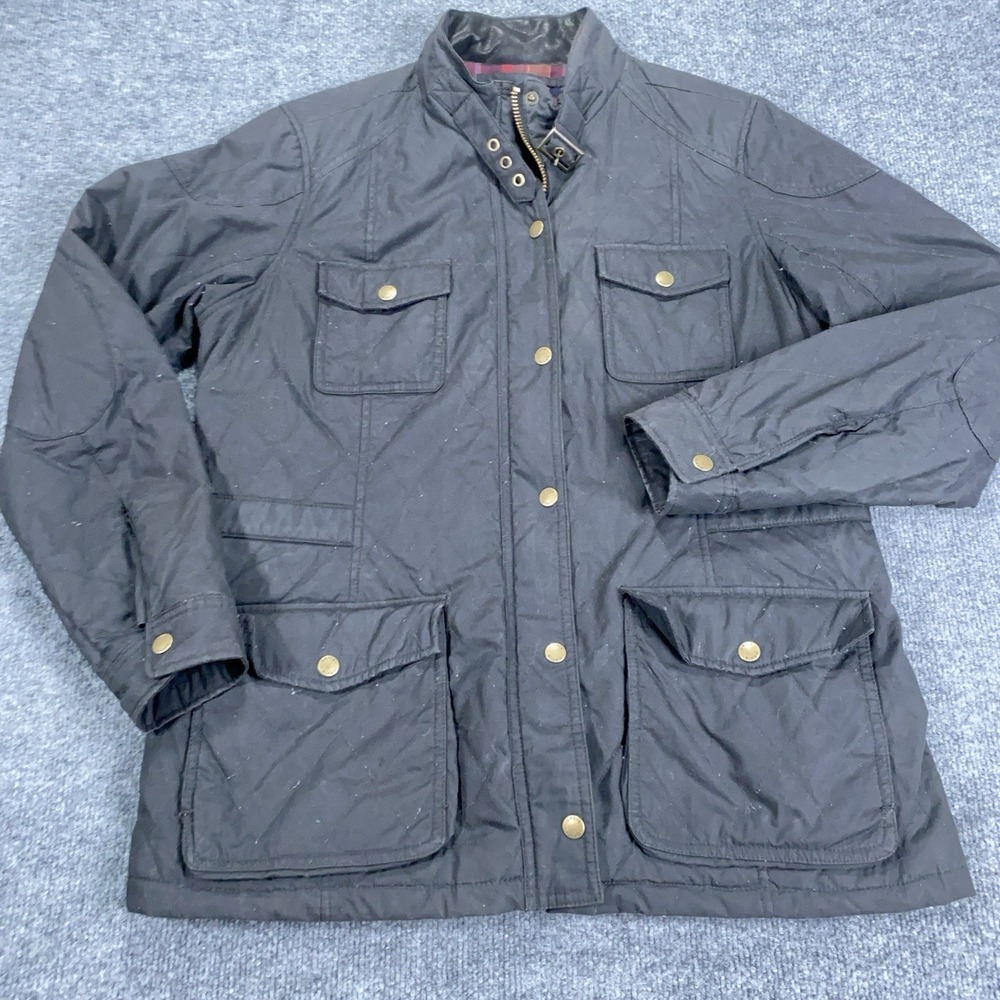 Orvis Barn Coat Womens Sz L Black Chore Jacket Flannel Lined Leather Collar 2MPO - Picture 7 of 16